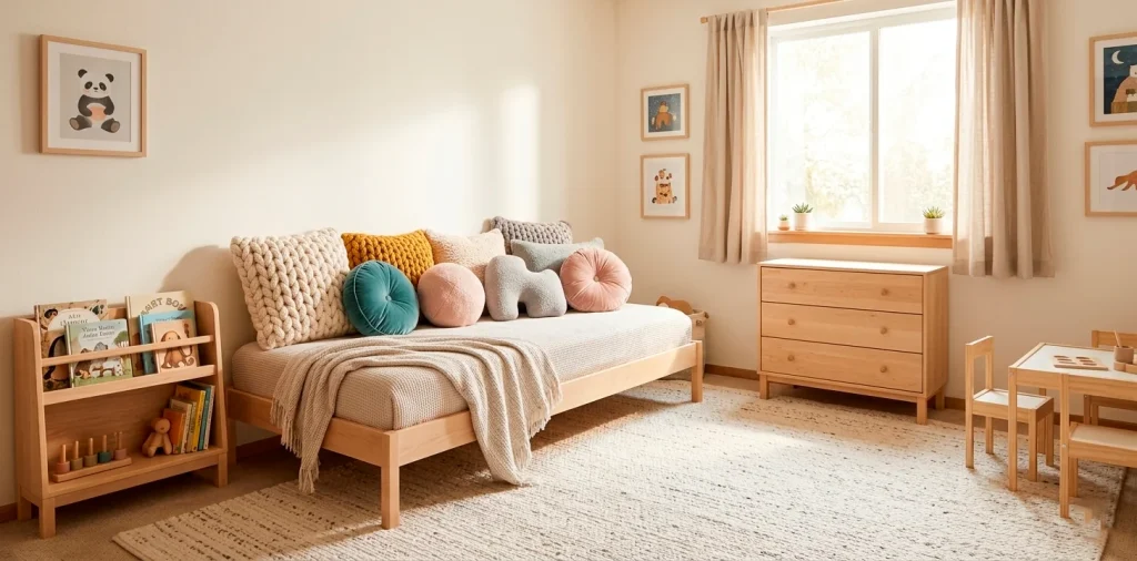Cozy and bright kids bedroom featuring an array of beautifully styled textured throw cushions on a bed.