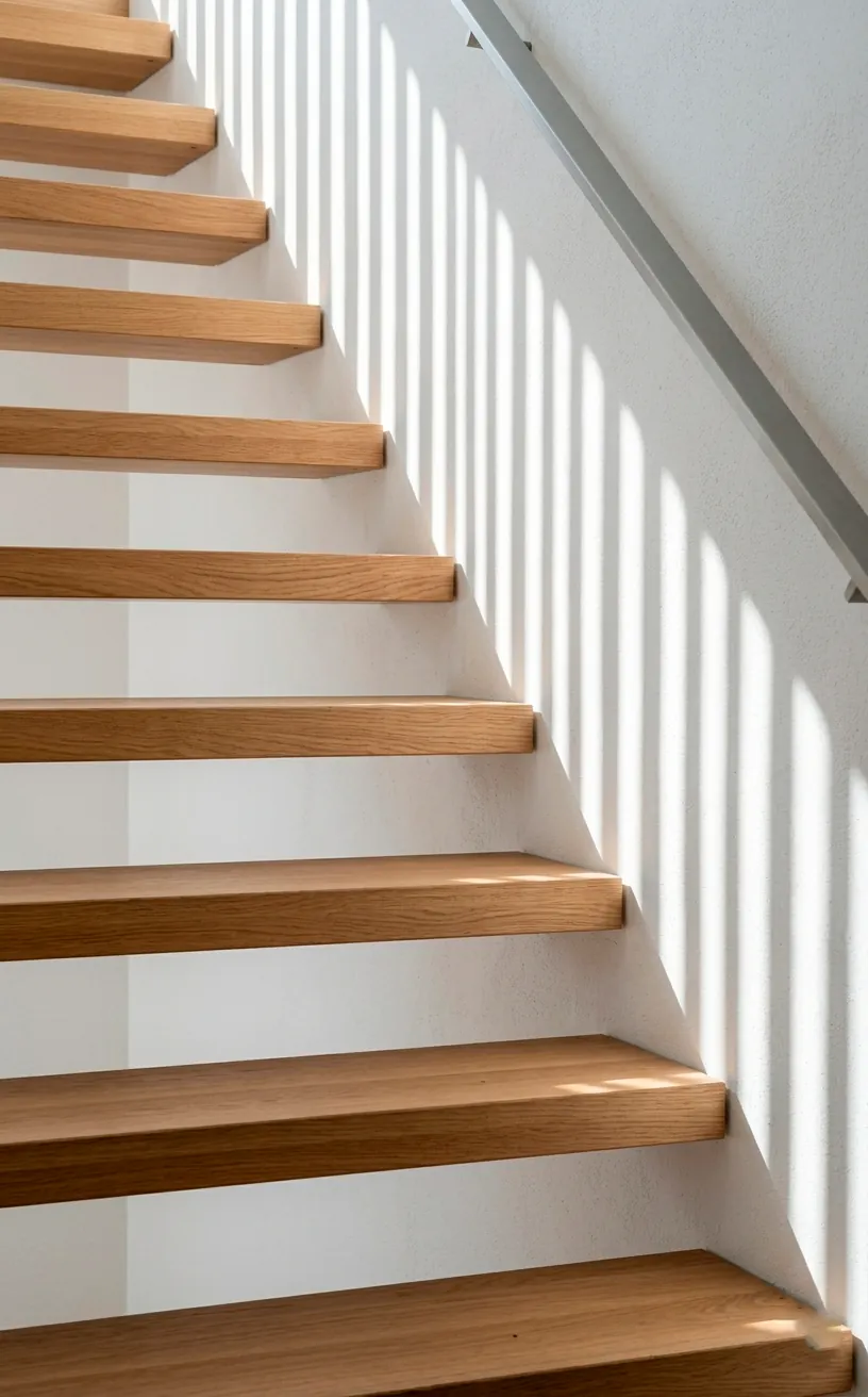 Open riser floating staircase with light filtering through the steps onto a white wall.