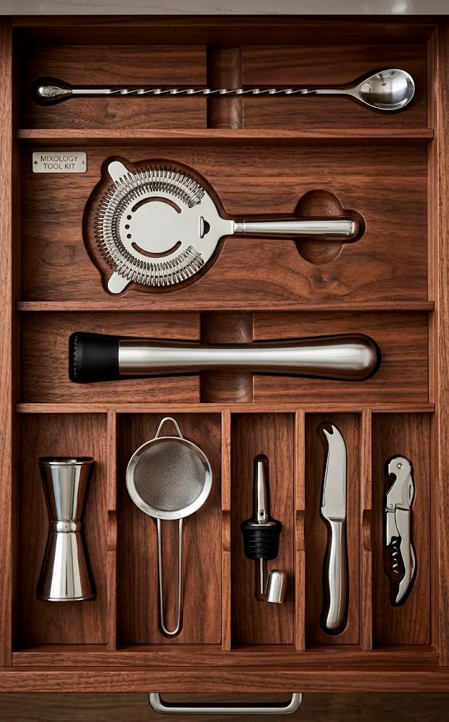 Organized bar tool drawer with wooden dividers and stainless steel accessories.
