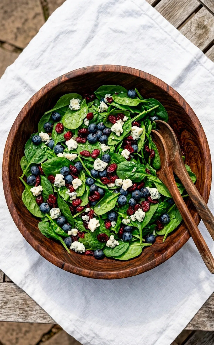 Patriotic spinach salad with blueberries and blue cheese in a wooden bowl.