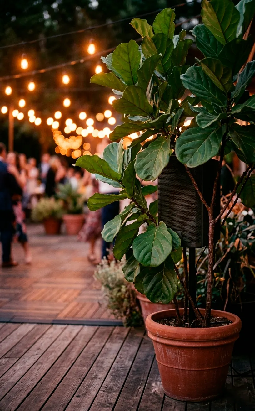 An outdoor speaker hidden behind a large potted fiddle-leaf fig plant near a deck dance floor.