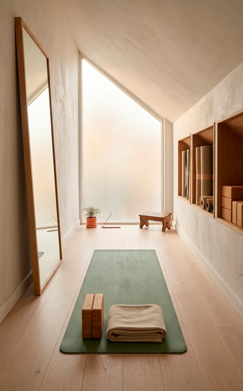 Minimalist attic yoga loft with custom mat storage and light wood floors.