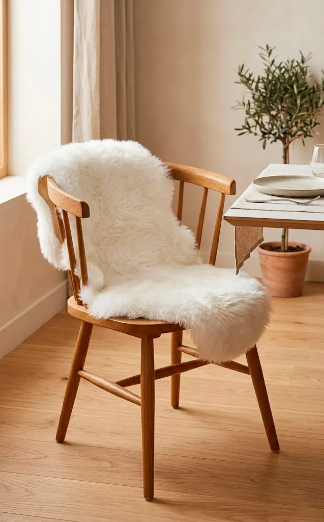 Faux sheepskin rug draped over a wooden chair in a Japandi dining room.