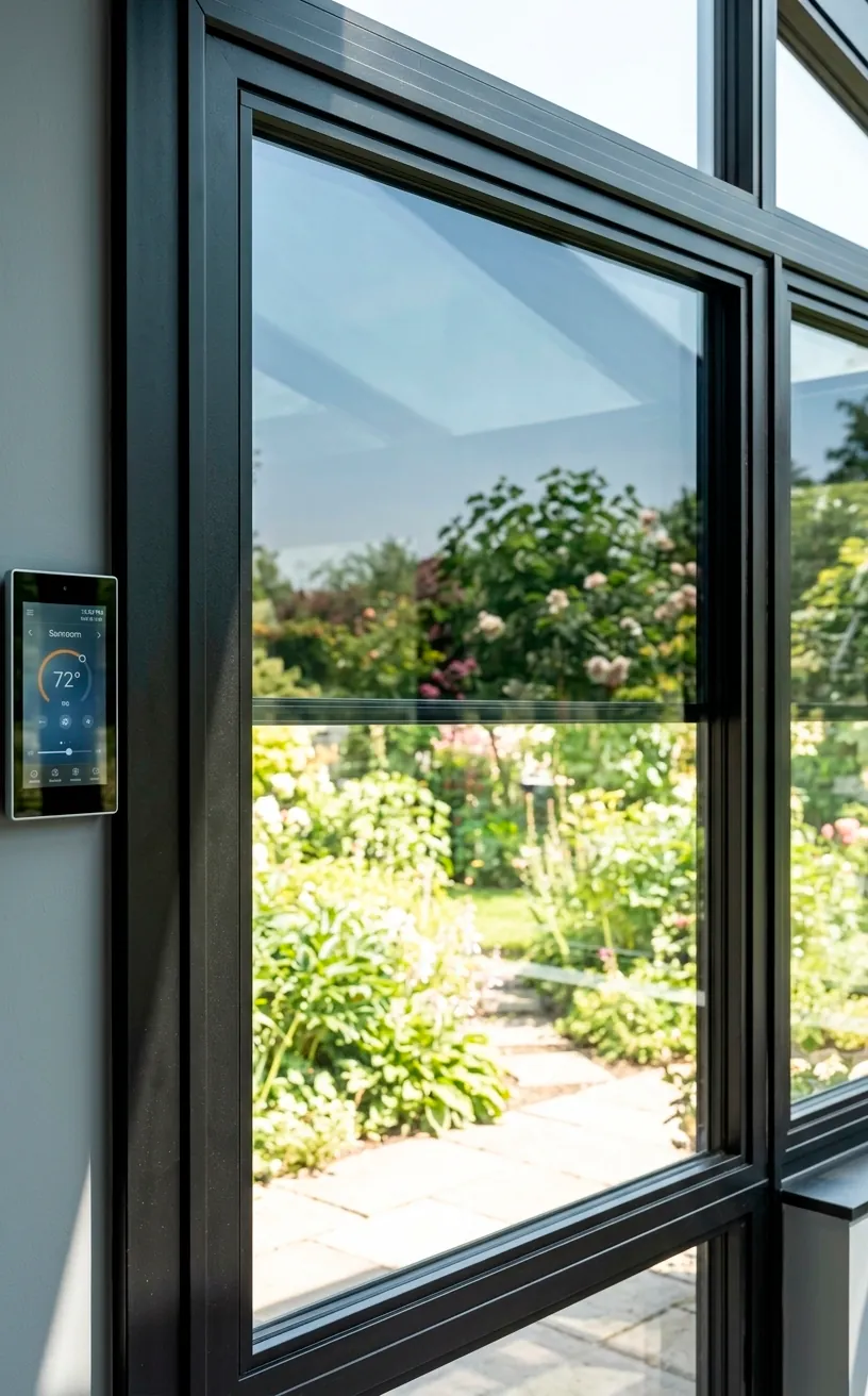 Smart glass technology in a black steel sunroom frame with partial electronic tinting.