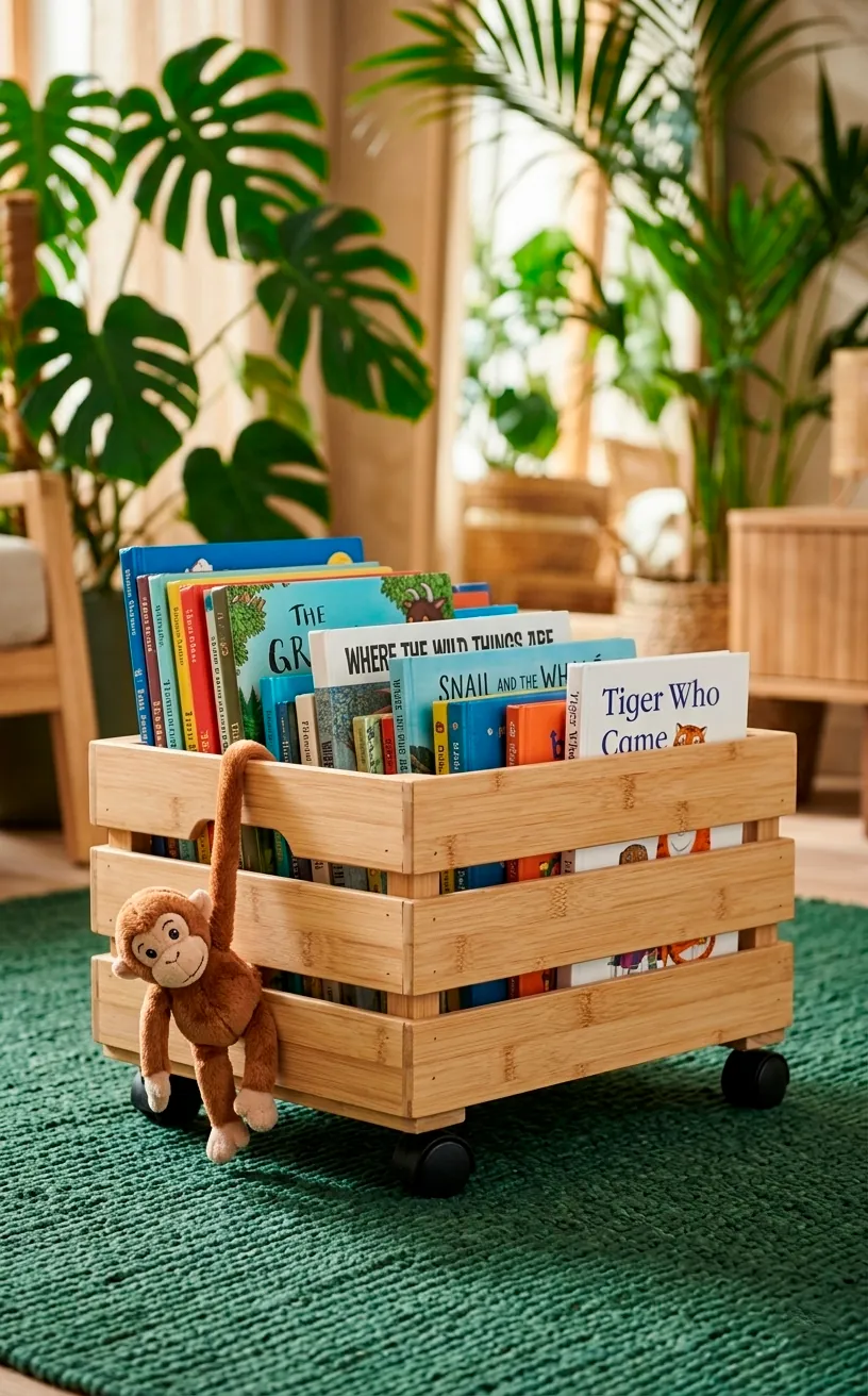 Bamboo book crate on wheels filled with children's books in a jungle room.