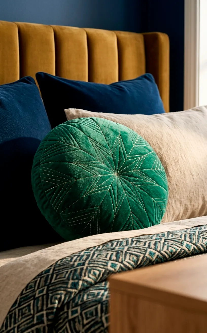 Round emerald green quilted velvet throw pillow with geometric stitching on a youth bed.