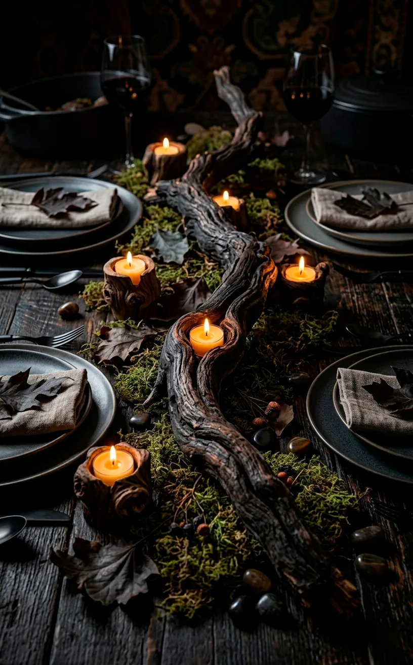 Gnarled decorative branches with tea lights on a holiday table.