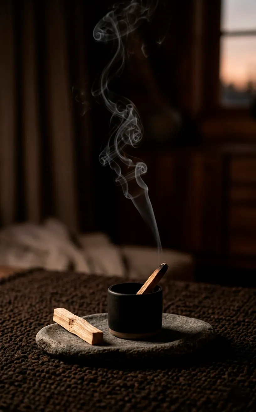 Black ceramic incense burner with a thin trail of smoke in a Zen room.