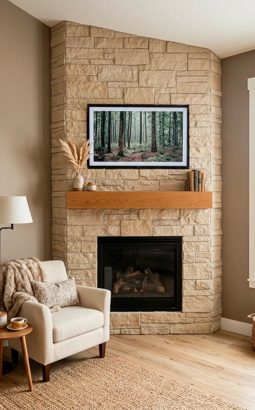 Corner stone fireplace TV wall design for small living rooms.