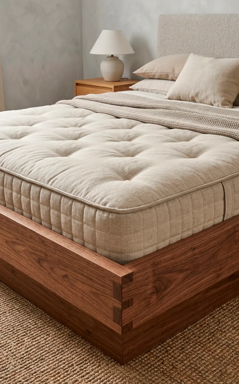 Recessed perimeter lip on a wooden platform bed holding the mattress firmly in place.