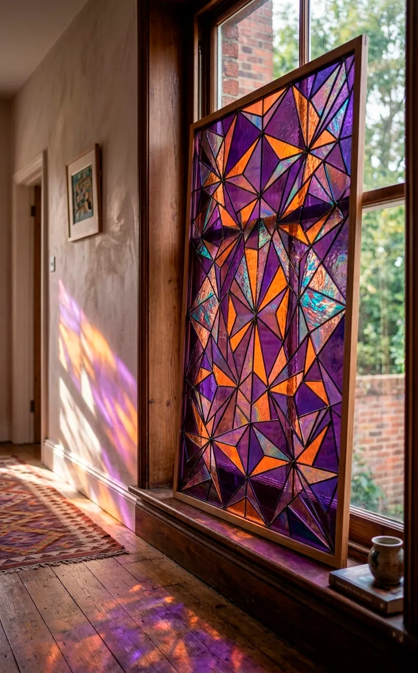Geometric stained glass panel with iridescent finish propped against a sunlit window.