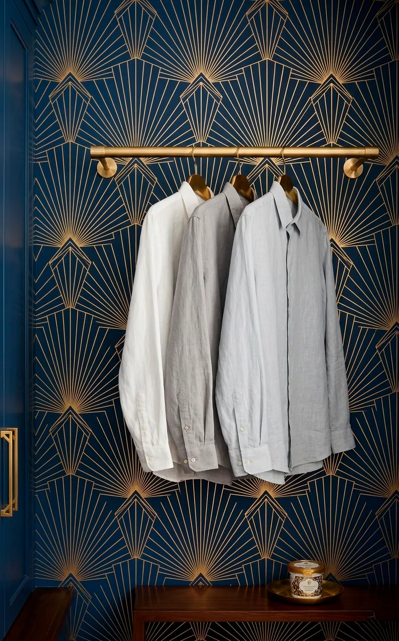 Luxurious navy blue and gold Art Deco sunburst geometric wallpaper on a laundry room accent wall.