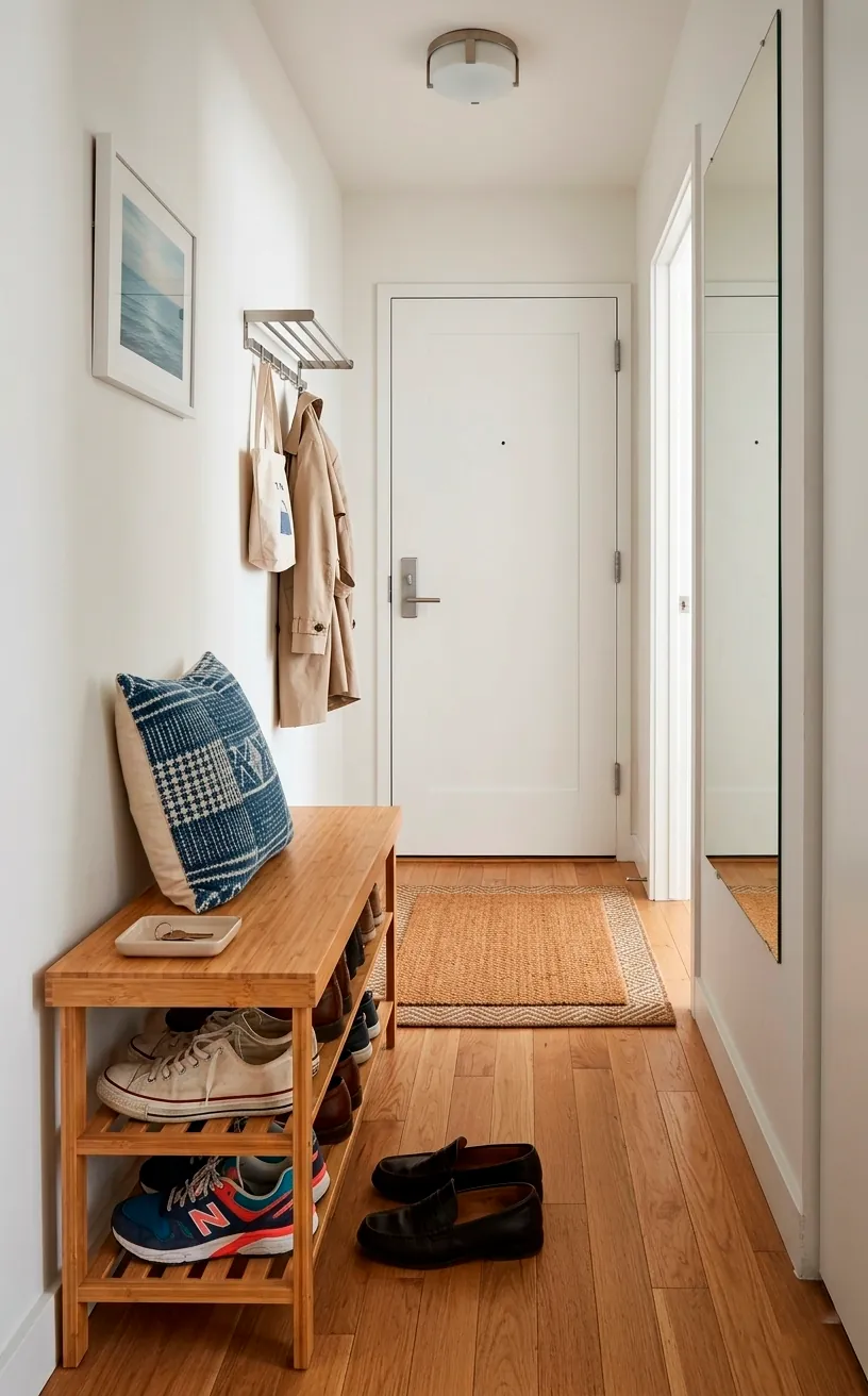 Slim bamboo shoe rack bench organizing footwear in a small entryway space.