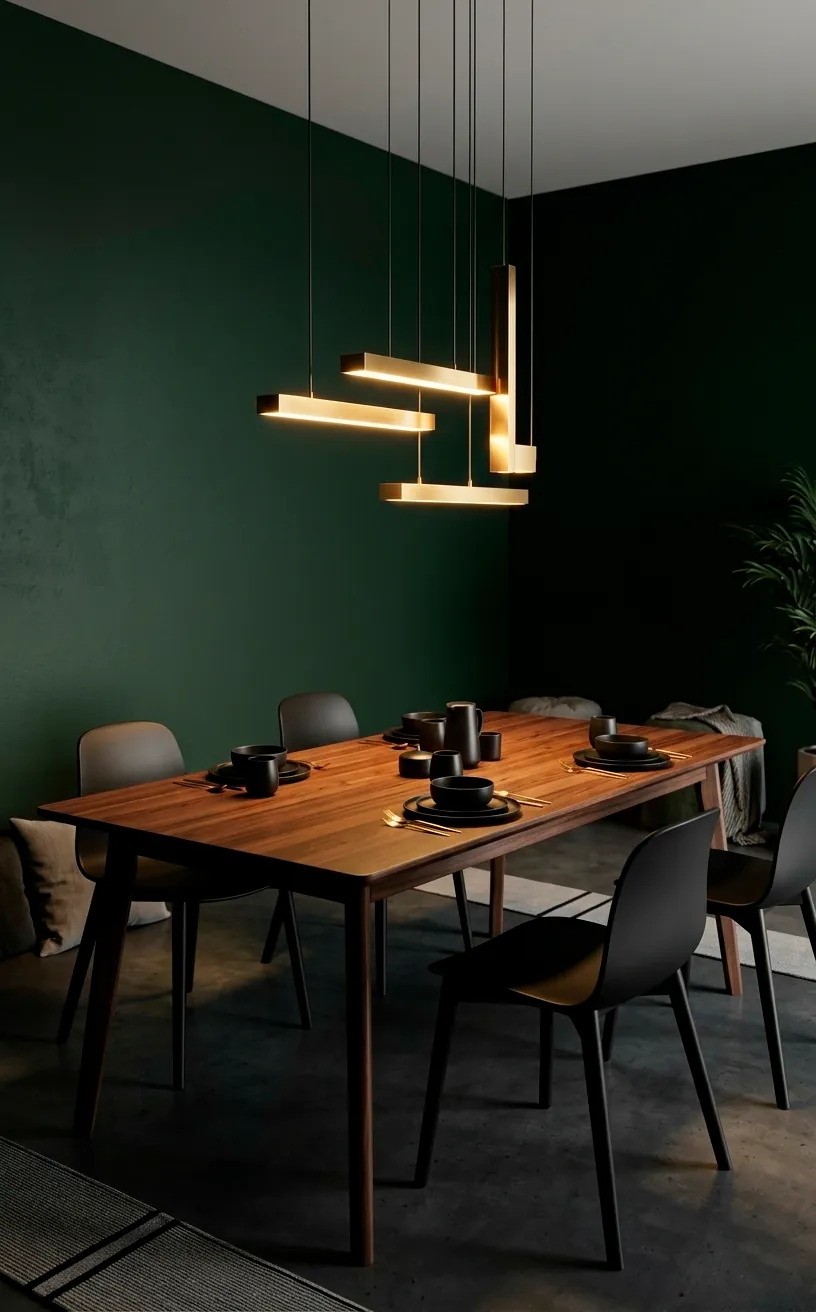 High-contrast hunter green dining room featuring a sleek black walnut table and gold pendant lights.