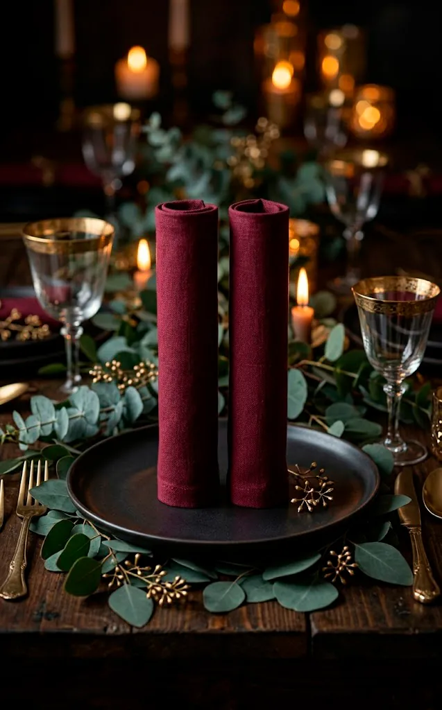 Burgundy candle napkin folds standing tall on a dinner plate with gold accents.