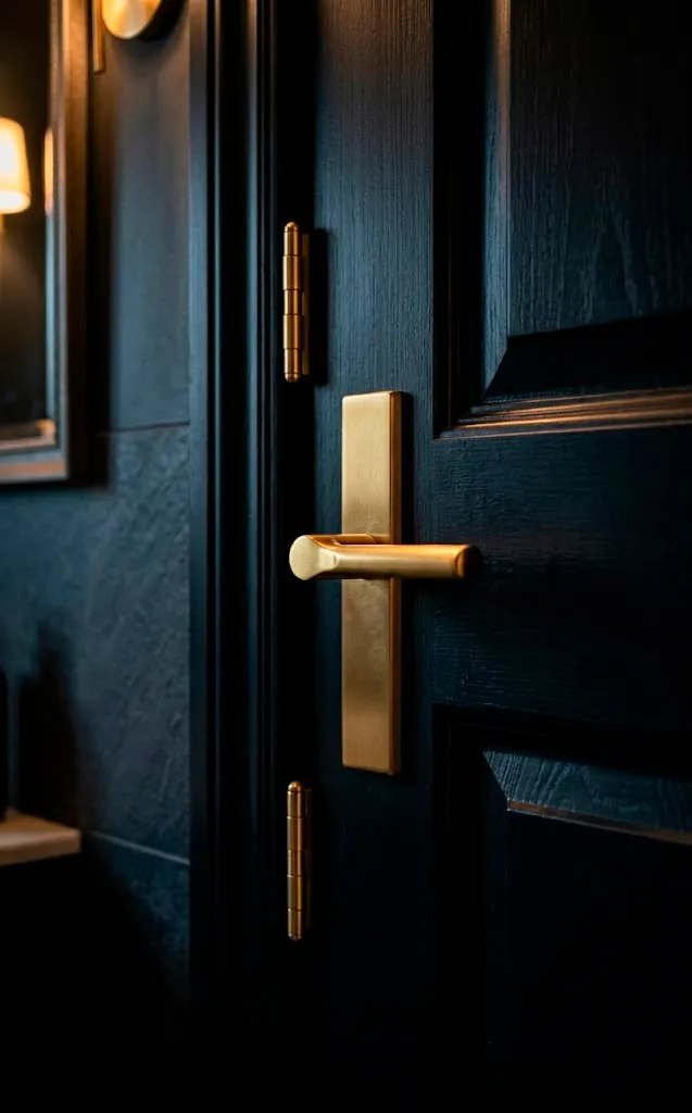 Modern gold door handle on a matte black bathroom door.