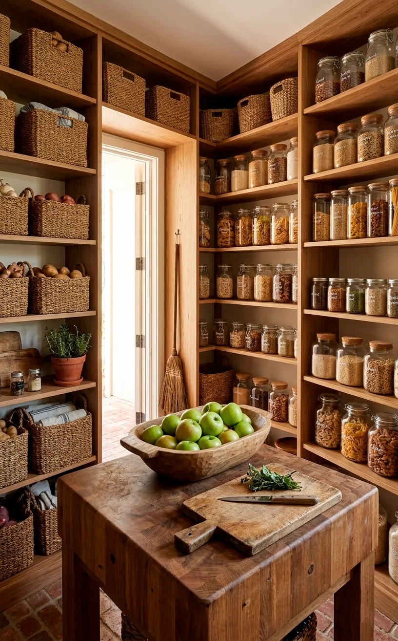 Walk-in pantry with a central butcher block island for food prep and organization.