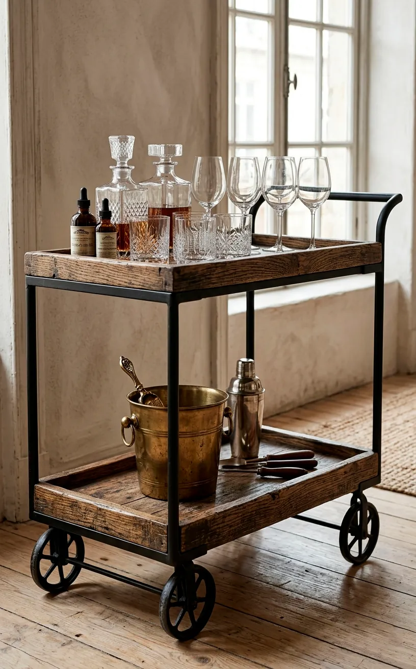 A rolling bar cart made of distressed oak and black iron with vintage glassware.