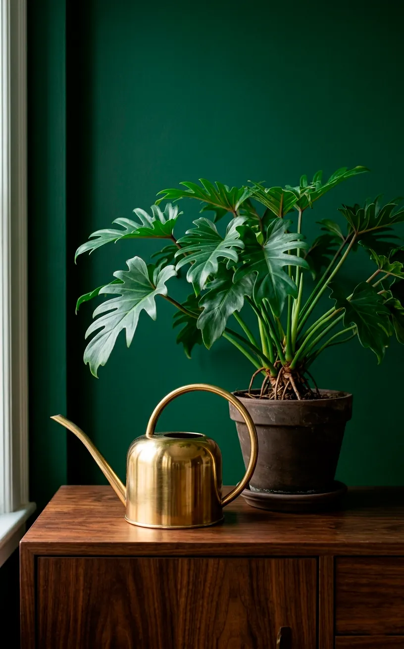 Polished brass watering can beside a lush potted philodendron on a wooden sideboard in a green room.