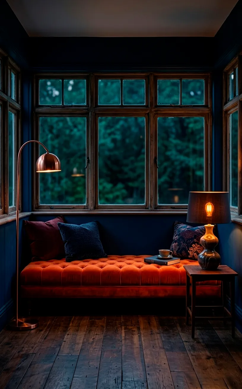 Burnt orange velvet bench placed against a dark wall in a sunroom.