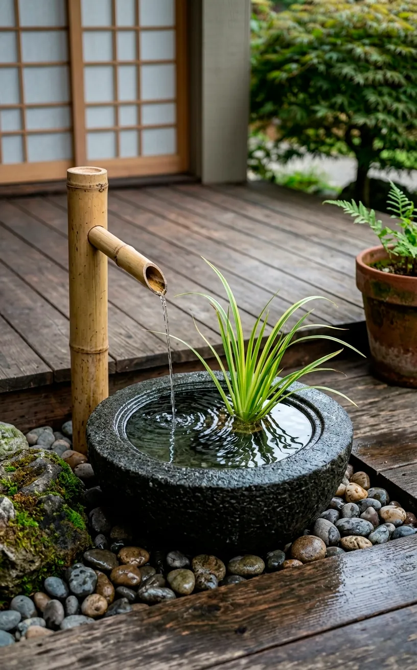 A Japanese zen stone basin pond with a bamboo water spout and sweet flag plant on a quiet porch.