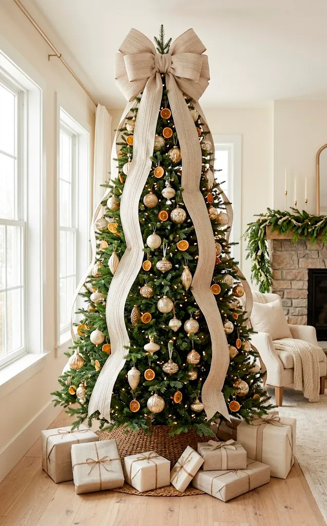 Christmas tree with a large flax-colored linen bow topper.