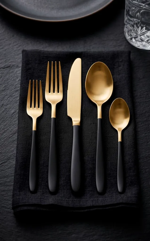 Black-handled gold cutlery set on a black napkin.