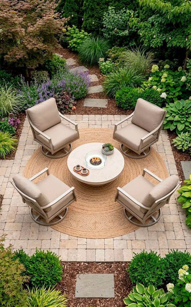 A circular conversation zone on a patio with four chairs and a central table.