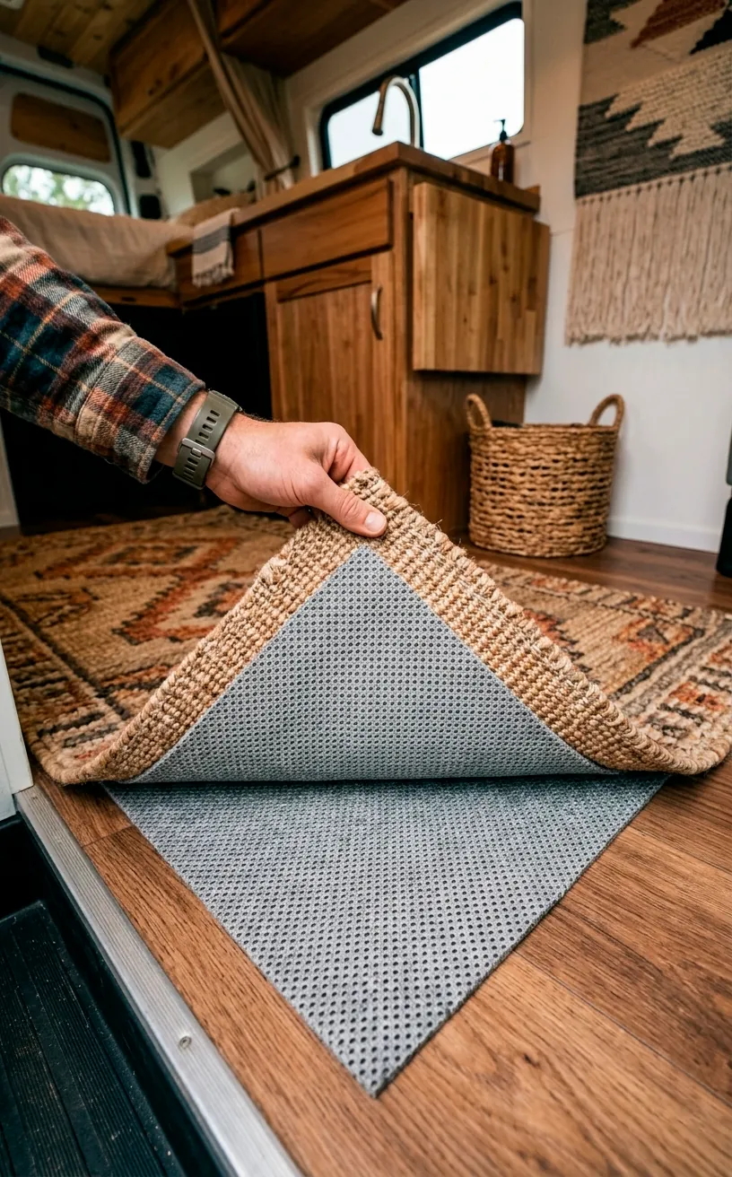 Non-slip rug pad used to secure layered rugs inside a camper van.