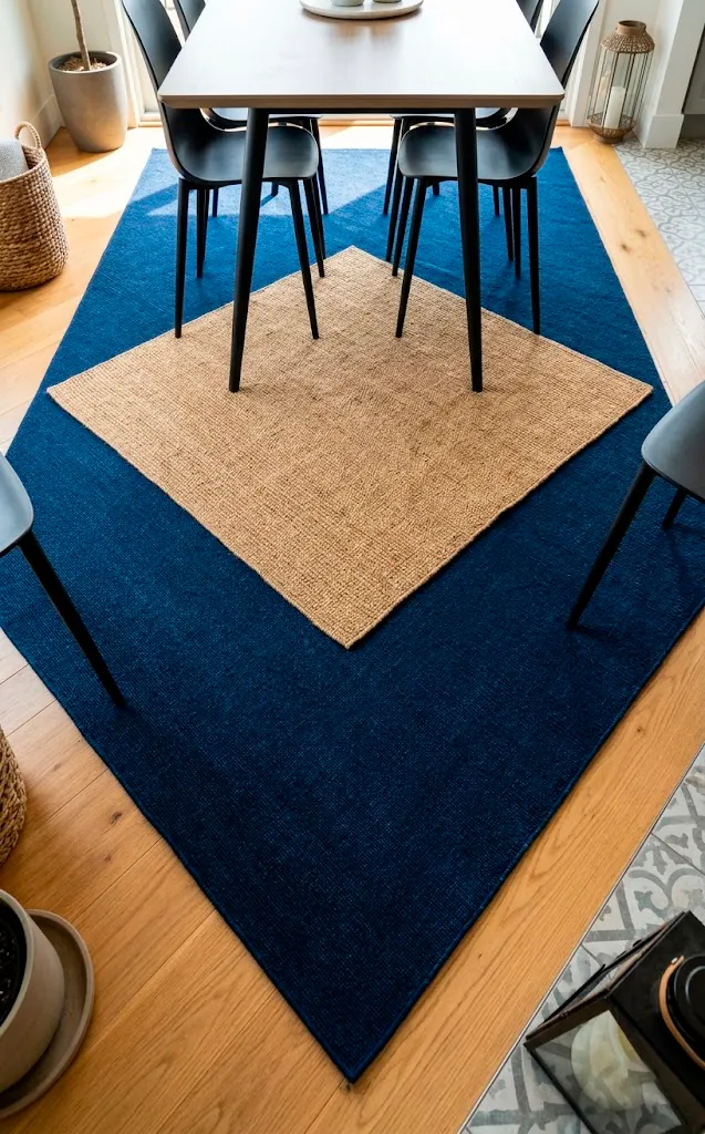 Tan rug layered at an angle over a navy rug under a contemporary dining table.