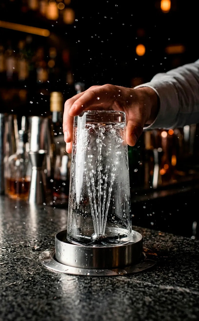 Built-in stainless steel glass rinser shooting a high-pressure water spray inside a cocktail glass.