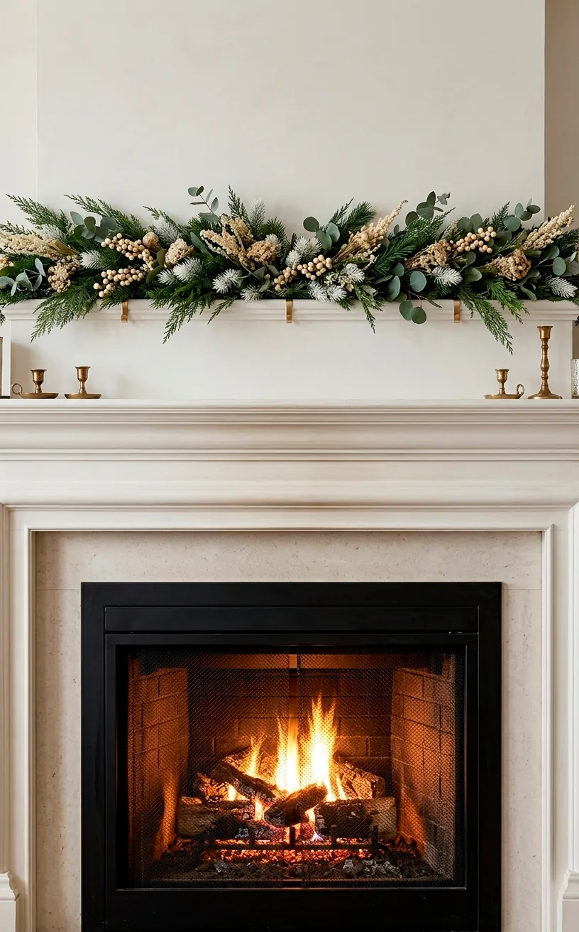 Safe fireplace decor placement with a white garland and warm burning fire.