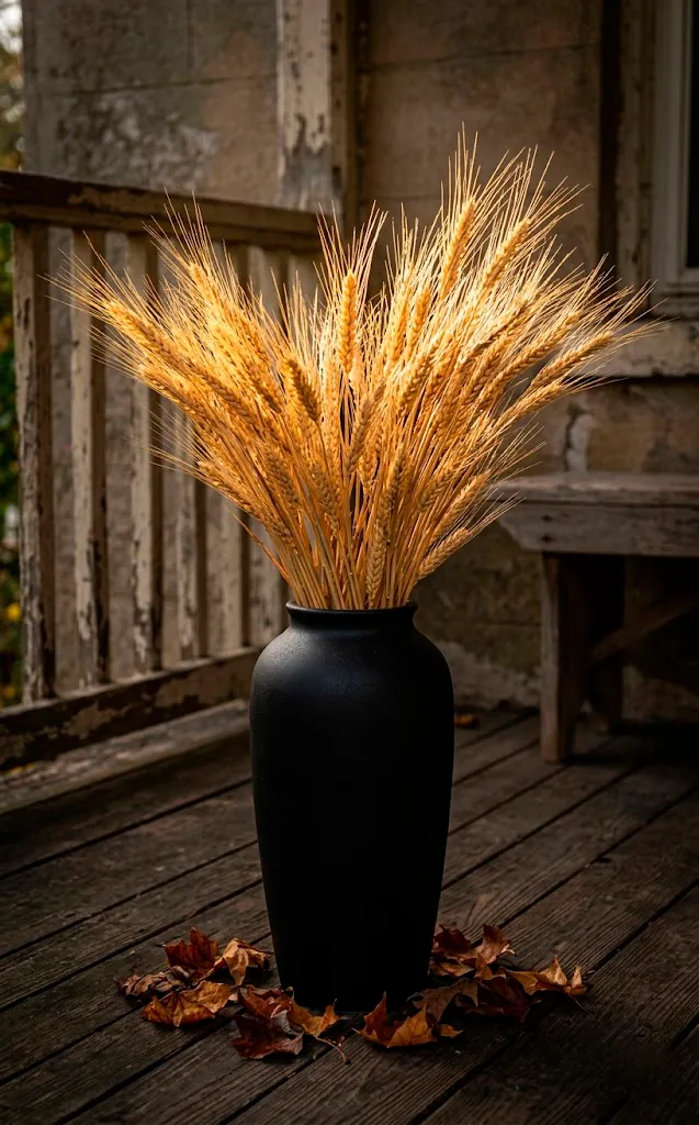 Golden dried wheat stalks in a tall matte black vase on an autumn porch.
