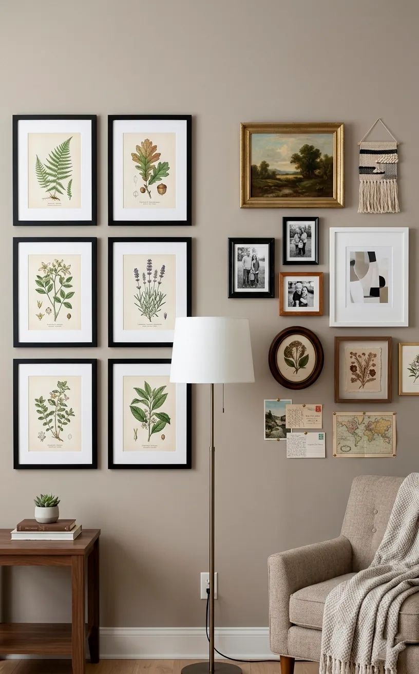 Symmetrical grid vs asymmetrical art layout on a taupe wall showing different design vibes.