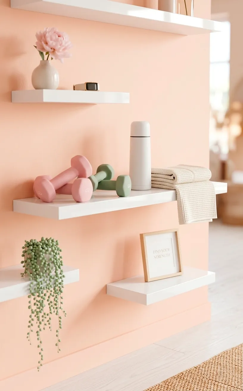 High-gloss white floating shelves holding pastel-colored dumbbells and a gym towel.