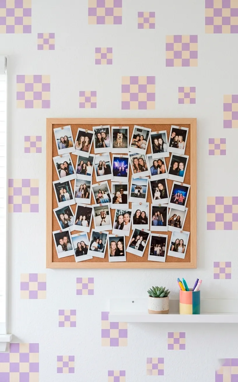 Pre-teen bedroom wall featuring trendy lilac and cream checkered square removable decals.