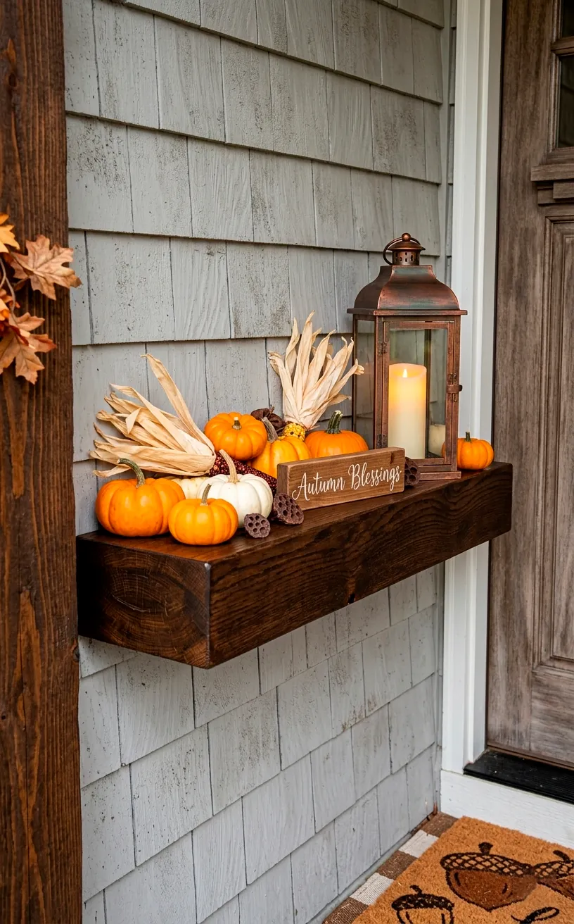 Deep wooden floating shelf styled with autumn pumpkins and copper lanterns on a small front porch wall.