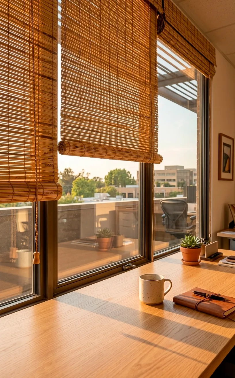 Vertical shot of bamboo shades on an office window filtering summer sunlight onto a desk.