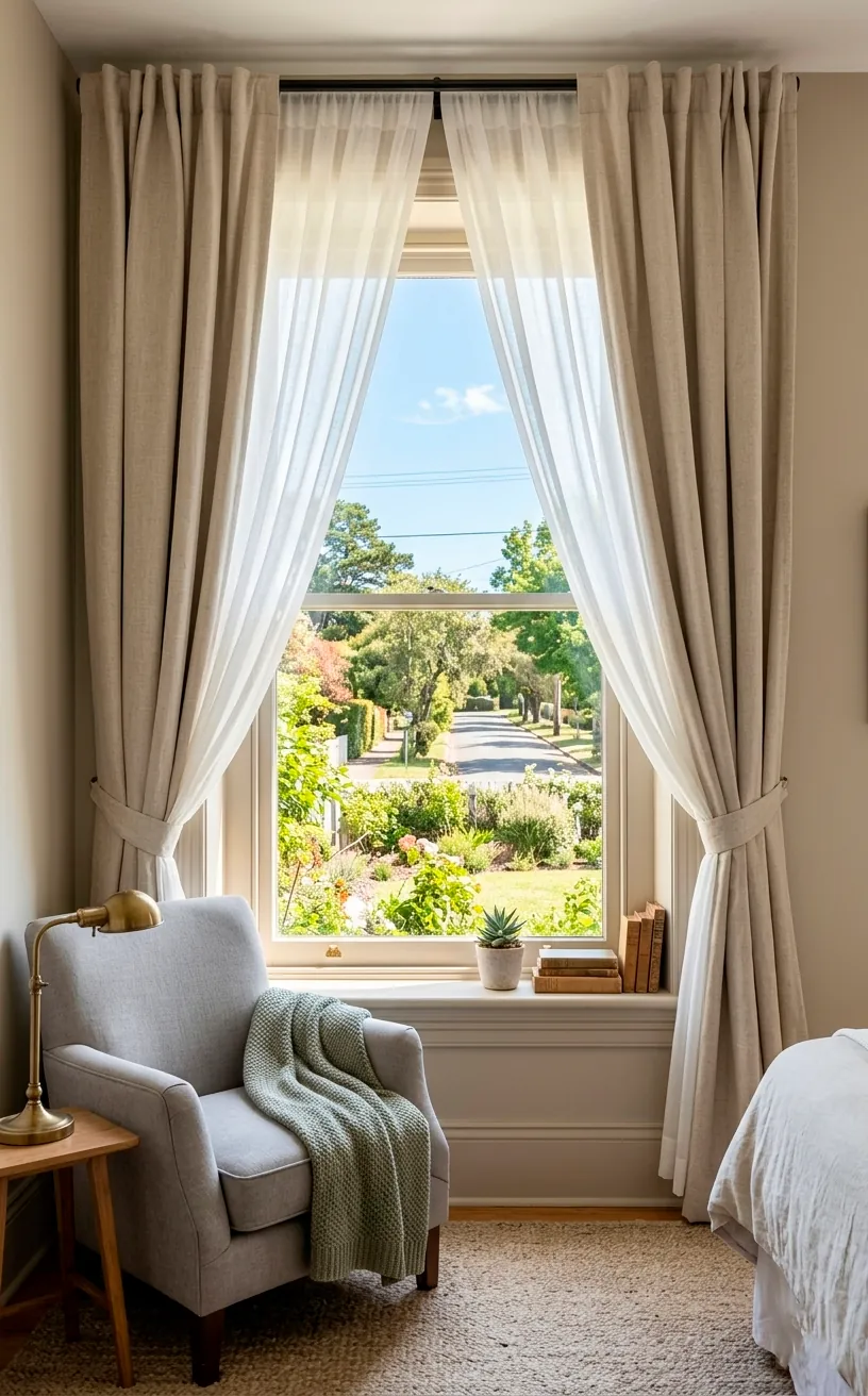 Guest room window with dual-layered curtains revealing a comfortable chair.