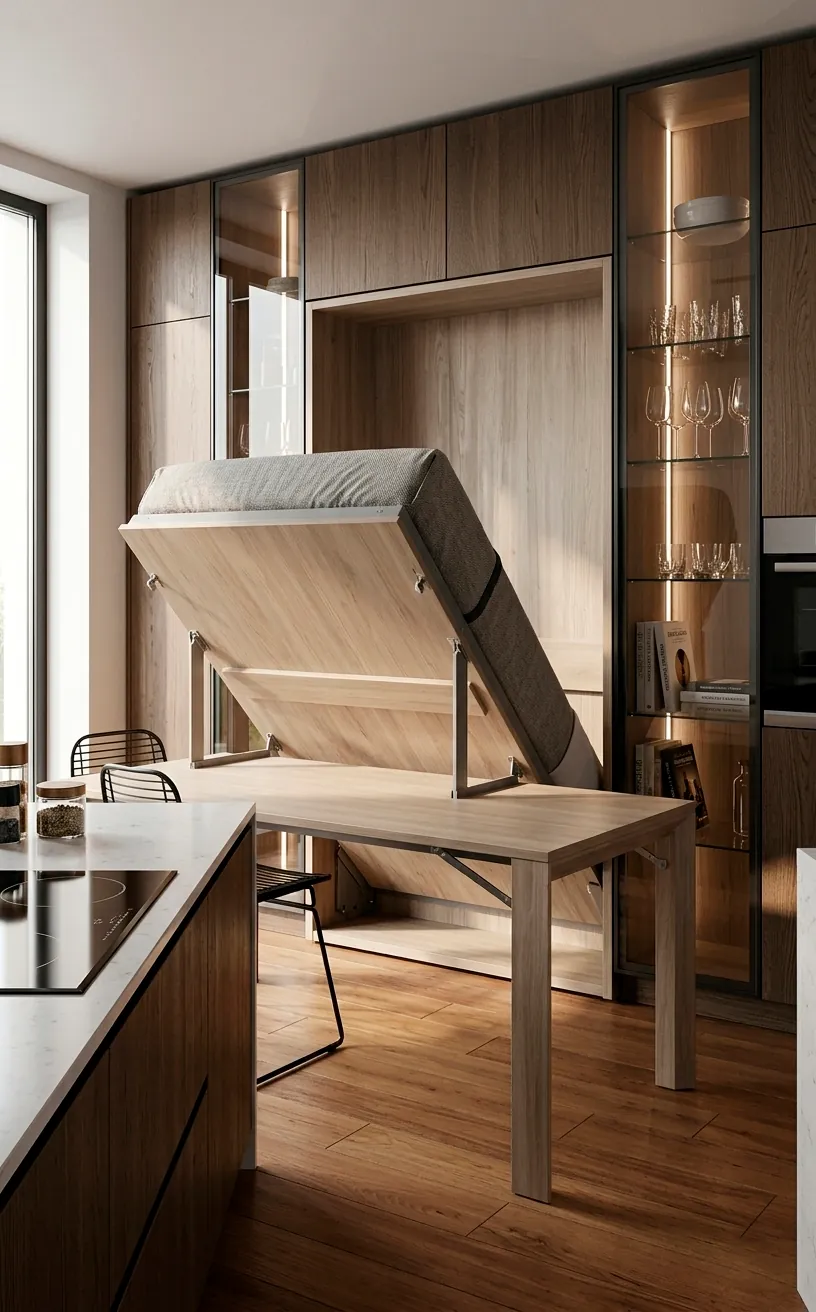 Murphy bed with a built-in dining table for small apartments.
