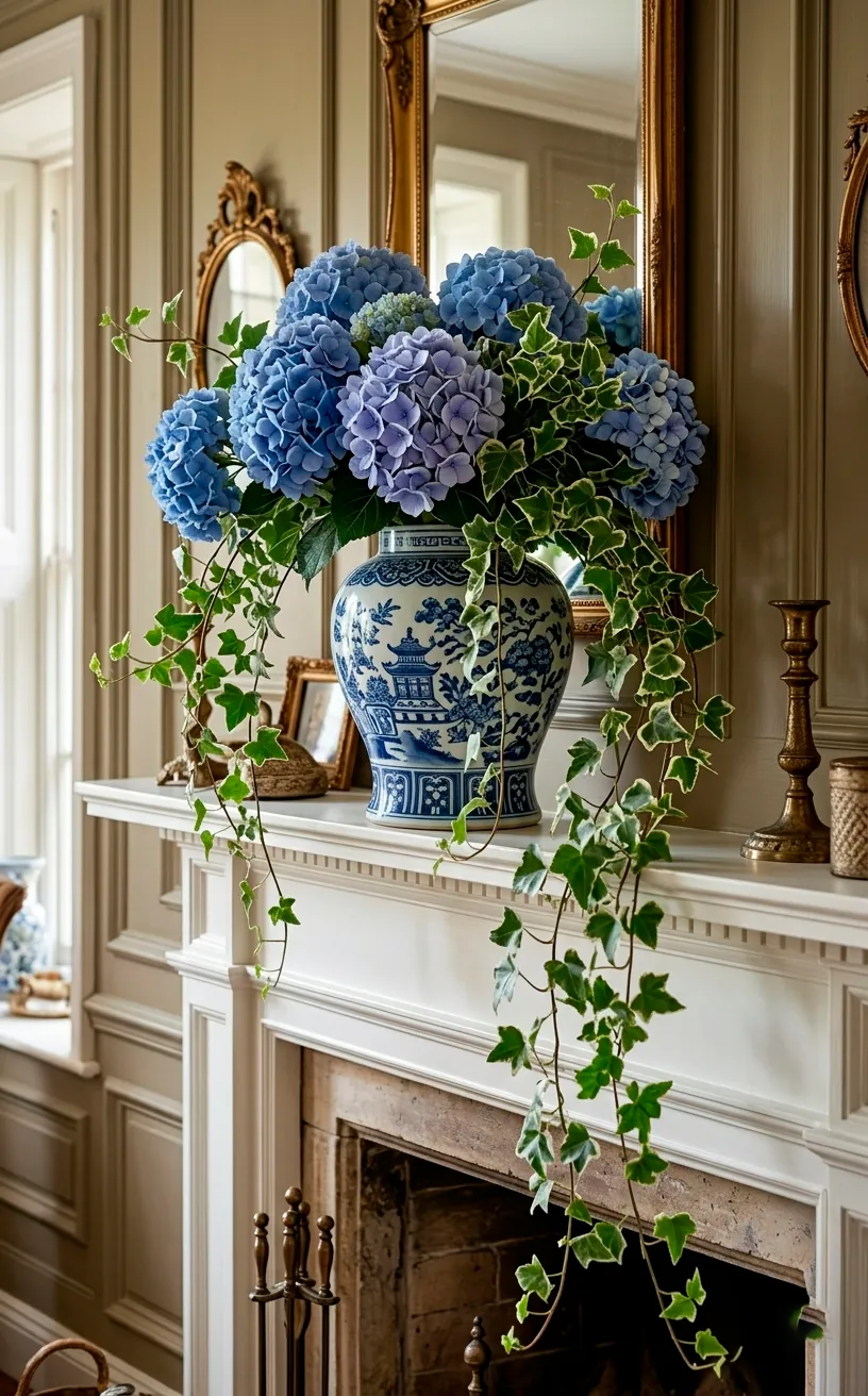 Blue hydrangeas and trailing ivy in a blue and white ginger jar on a mantel.