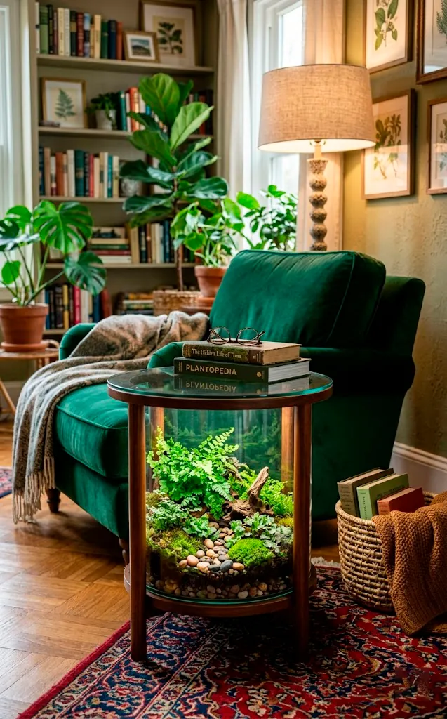 Round glass-topped side table featuring an internal terrarium with green ferns and moss.