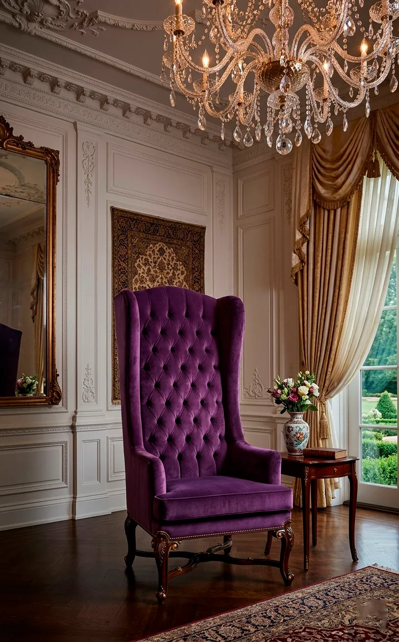 Amethyst purple velvet high-back chair in a luxurious room with white molding.
