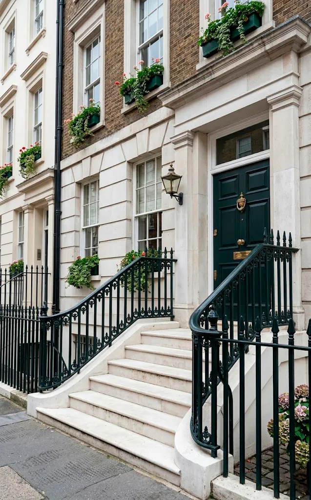 Traditional townhouse entrance with Railings painted ironwork and aged brass hardware.