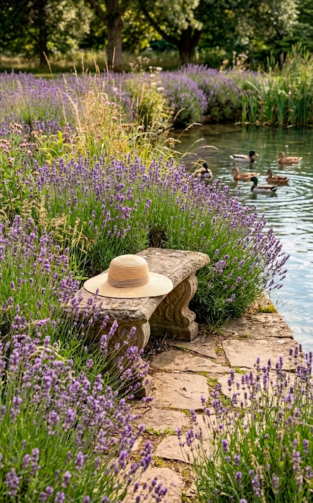 Stone bench nestled in lavender bushes by a pond.