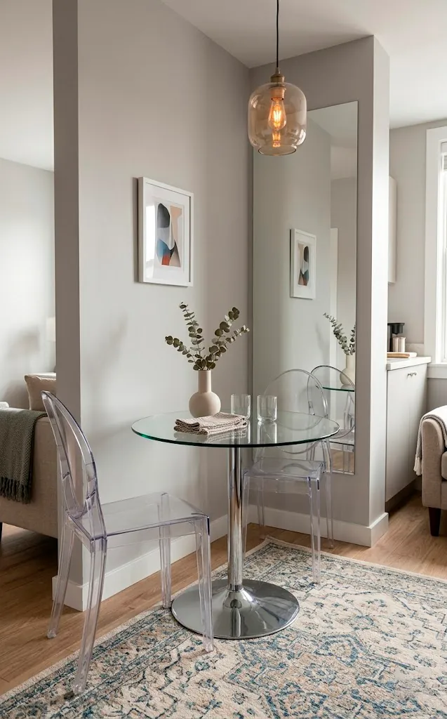 Clear acrylic chairs and glass table in a small dining area to maximize space.