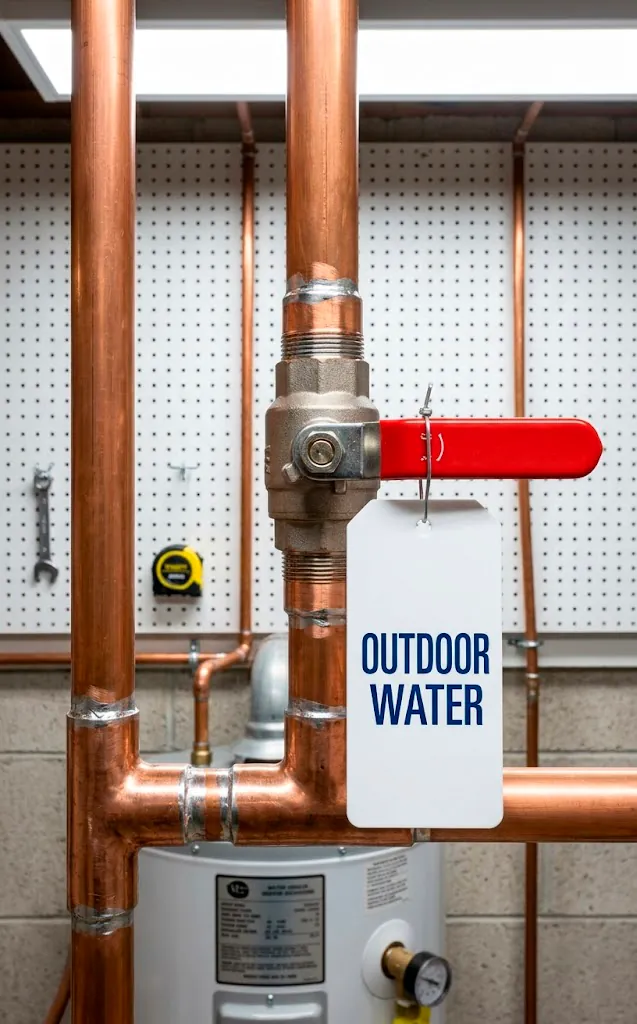 Main shut-off valve for outdoor water with a clear identification tag.