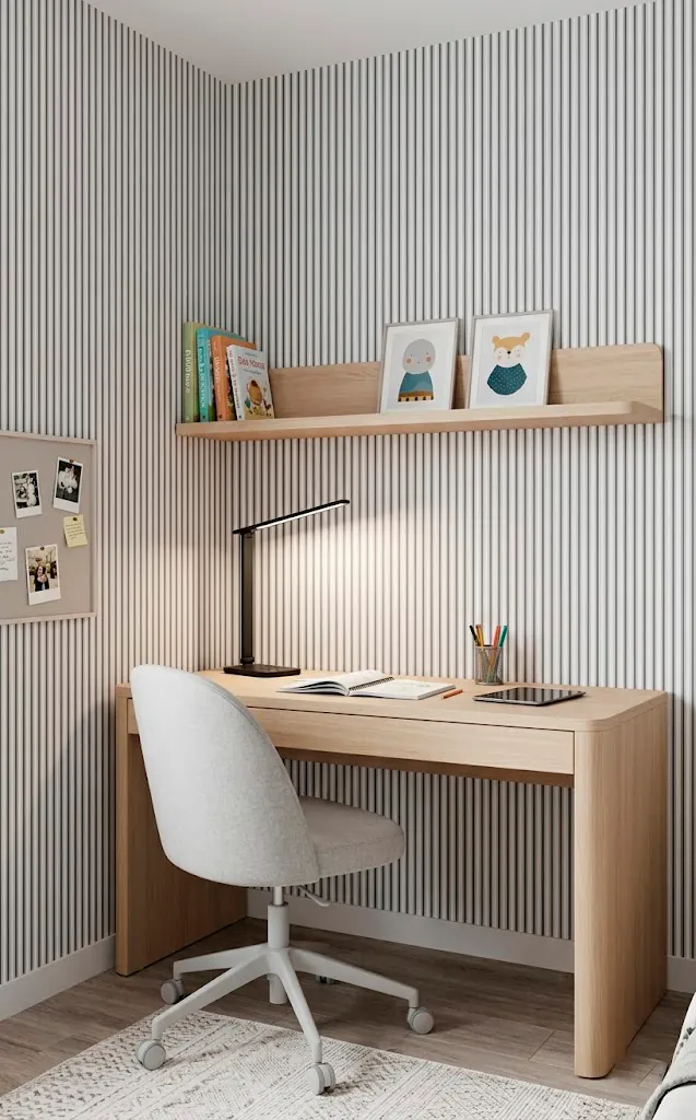 Thin vertical pinstripe wallpaper in a modern kids study area with a wooden desk.
