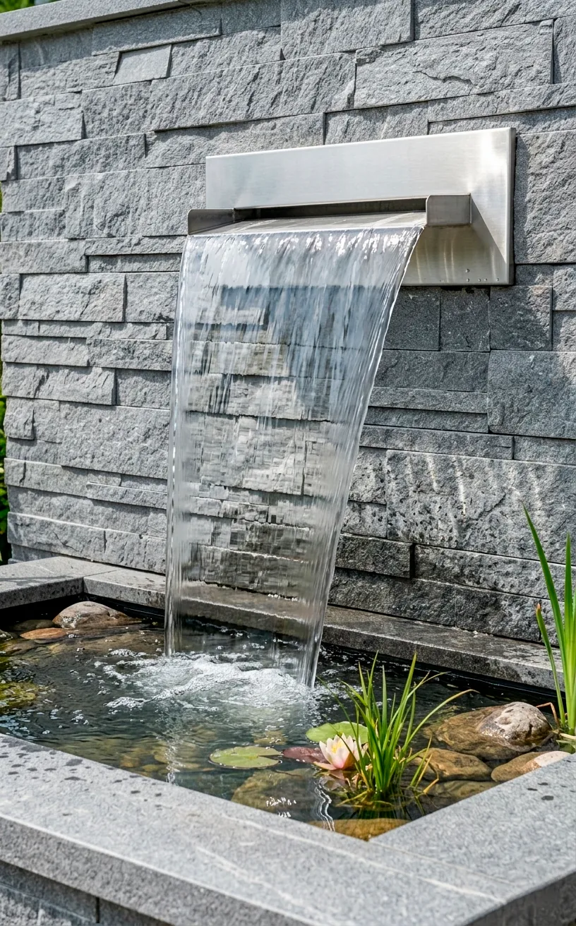 Stainless steel waterfall spillway pouring water into a pond.