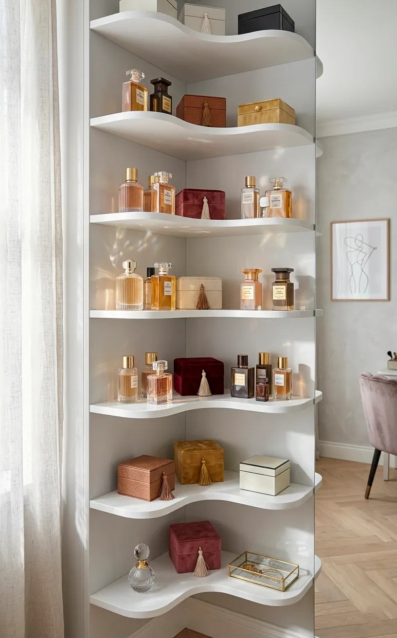 White corner shelving unit displaying perfume bottles and decor in a bright room.